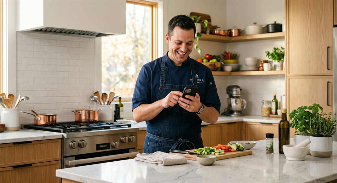 Cocinero sonriendo mientras consulta el móvil en su cocina