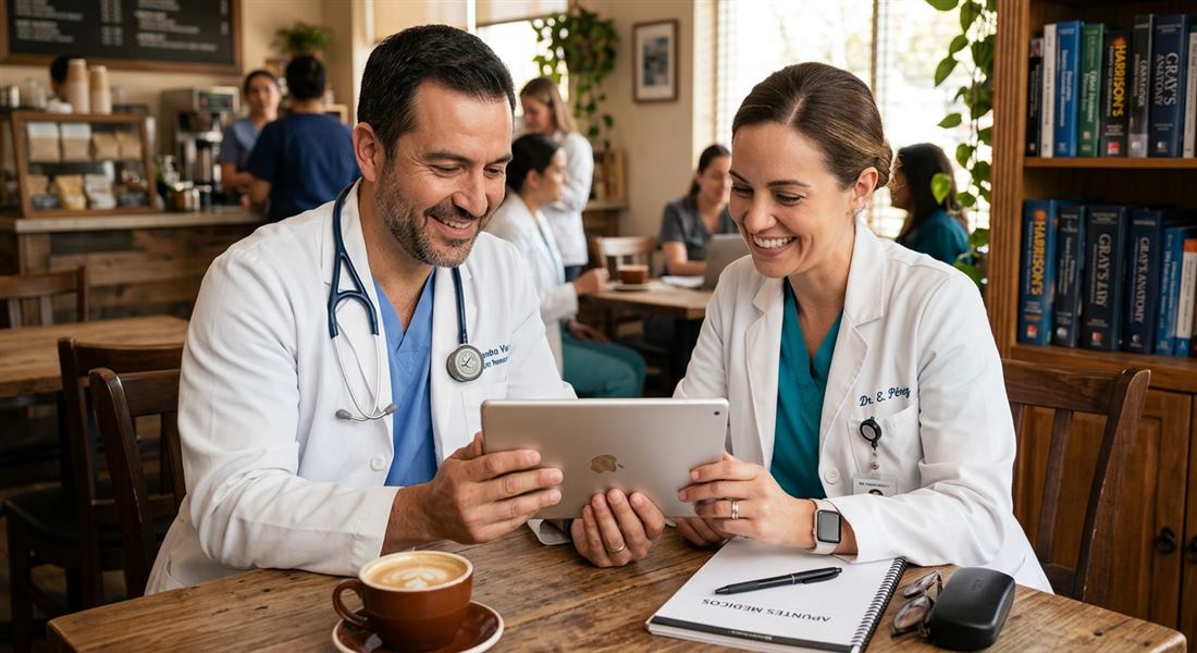Dos médicos estudiando con una tablet en una cafetería
